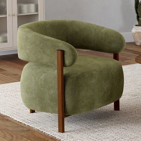 Sillón ALBERT de tela de chenilla verde con patas de madera oscura (1/5)