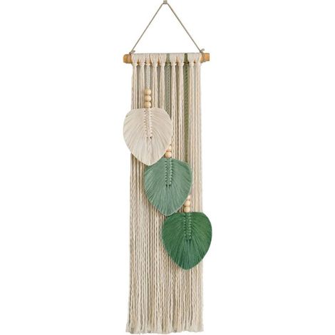 Tapiz de pared tejido a mano con cuerda de algodón, decoración de hojas naturales para casa de huéspedes o dormitorio, elemento colgante verde (1 pieza) (1/3)
