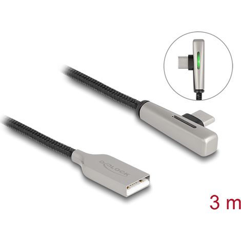 Delock Cable USB 2.0 Tipo-A macho a USB Type-Câ¢ macho acodado con LED y carga rÃ¡pida 60 W 3 m