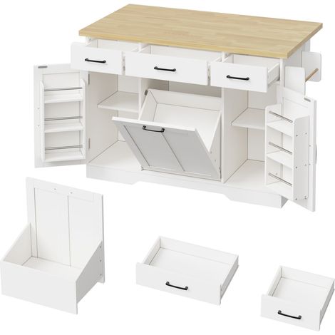 Îlot de cuisine mobile avec plan de travail rabattable, chariot de cuisine, meuble de rangement, meuble pour poubelles, buffet avec étagère à épices, tiroir et roulettes, 120 × 45 (70) × 87 cm (1/5)