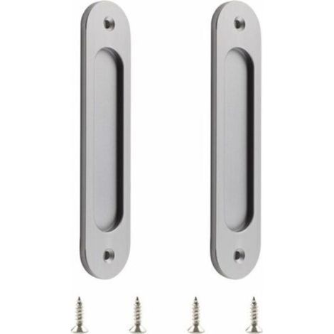 Un ensemble de deux poignées de porte coulissante ovales en alliage d'aluminium mat avec vis, adaptées aux portes coulissantes de style grange. (1/5)