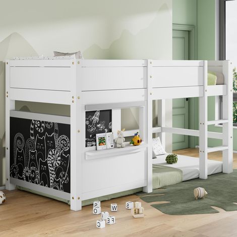 Cama infantil tipo casita, 90 x 200 cm, cama alta elevada con pizarra para dibujar y estante de almacenaje, estilo escandinavo, Blanco (1/5)