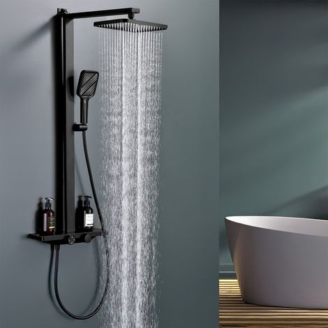 Duschsäule mit Thermostat 38 °C – Schwarz, Duschsystem mit 3 Funktionen, Wasserfall-Auslauf, Doppelbedienung & Ablage