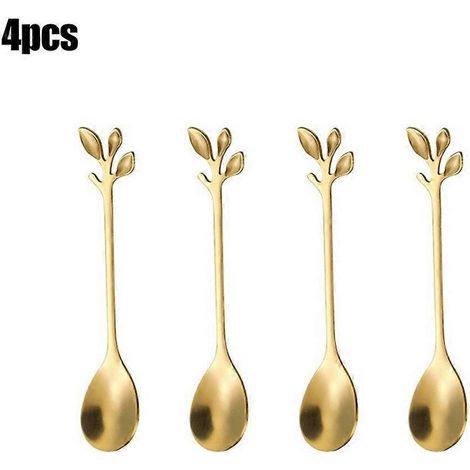 4 cuillères à feuilles en acier inoxydable, cuillères à thé en acier inoxydable, cuillères à dessert pour thé au lait, cuillères à café (1/5)