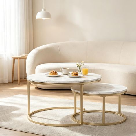 CHICFURN Table basse gigogne ronde blanche en MDF et métal 2 pièces, style moderne (1/5)