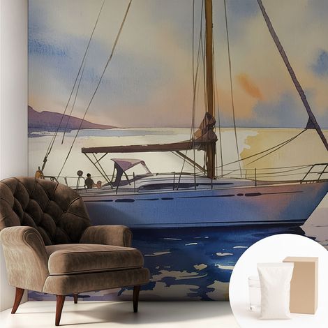 Papier peint intissé décoratif pour salon chambre et cuisine Facile à poser avec colle Voilier au coucher du soleil 250x250 cm (1/5)