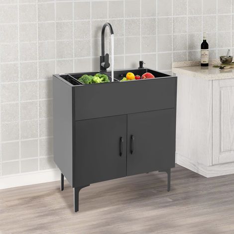 Meuble sous évier de cuisine 68 x 45 cm, évier professionnel à cuve unique, noir, avec bac à lessive, équipé de robinets d'eau chaude et d'eau froide, adapté à une utilisation en extérieur et en intér