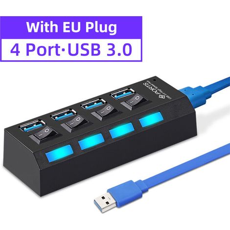 Hub USB 3.0 actif 4 ou 7 ports avec alimentation intégrée, interrupteur individuel et LED bleue pour PC Windows Mac (1/5)