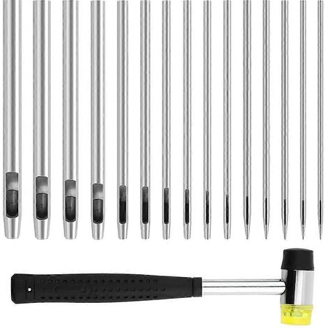 Kit de perforation du cuir en 15 pièces, diamètre de trou de 0,5 mm à 6 mm, jeu de poinçons ronds creux en acier, comprend 1 maillet en caoutchouc, compatible avec le cuir. (1/5)
