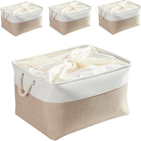 Set di 4 scatole portaoggetti jumbo in tela con manici per armadio, guardaroba, scaffale, bagno, vestiti, giocattoli, asciugamani (pieghevoli, 50 x 40 x 30 cm, bianco kaki chiaro) (1/4)