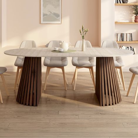 CARMEN mesa de comedor redonda extensible 4-10 personas con patas de listones de nogal y tablero efecto travertino 110-200 cm (1/5)