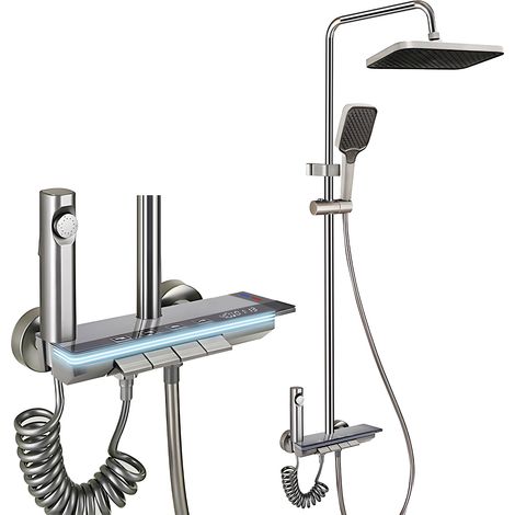 Ensemble de douche avec thermostat, robinet de douche complet avec écran LED et veilleuse, ensemble de douche effet pluie, pommeau de douche à 4 types de jets (1/5)