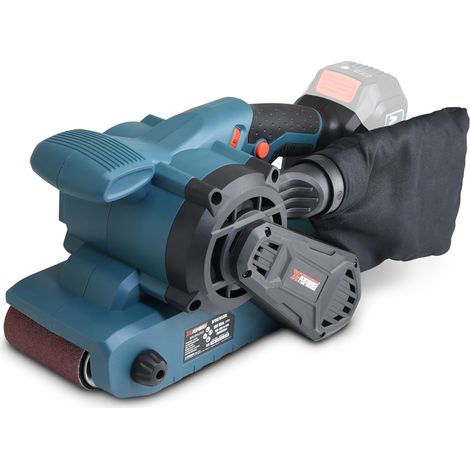 Ponceuse à bande sans fil 20V avec vitesse variable et moteur brushless livrée sans batterie ni chargeur.