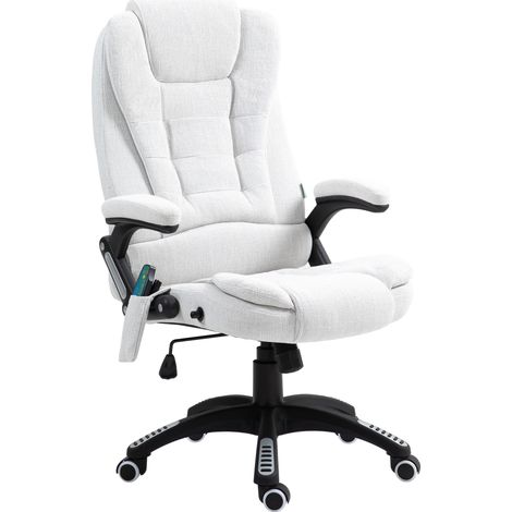 Massage Recliner Chair Heated Office Chair Six Massage Points Linen-Feel Fabric 360° Swivel Wheels Cream White (1/5)