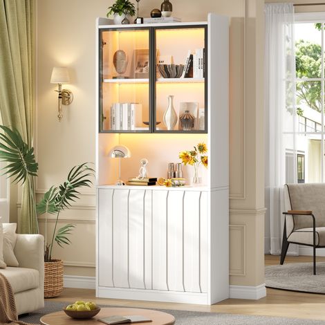 Weiße LED-Vitrine 80 x 35 x 200 cm, Hochschrank aus Holz und Hartglas, 4 Türen (1/5)