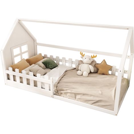 Lit cabane enfant 90 x 200 cm blanc, en pin et MDF, style maison, sommier à 7 lattes, idéal chambre enfant - CHICFURN (1/5)
