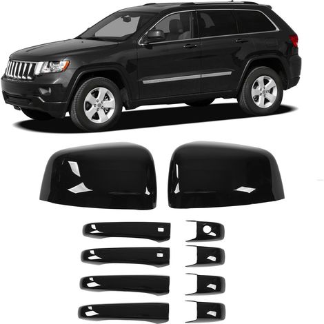 Poignées de porte extérieures + caches décoratifs pour boîtier de rétroviseur en noir brillant, adaptés aux Jeep Grand Cherokee WK2/WL 2011-2023 (livrés ensemble). (1/5)