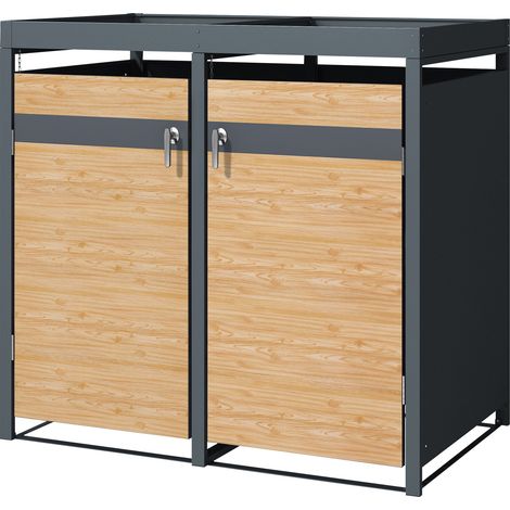 ML-Design Mülltonnenbox 2er mit Pflanzdach für 2 Tonnen, 240L 132x80x124 cm Holzoptik, Stahl, wetterfest, Abschließbare Mülltonnenverkleidung mit Tür, Müllbox Mülltonnecontainer Mülltonnenabdeckung