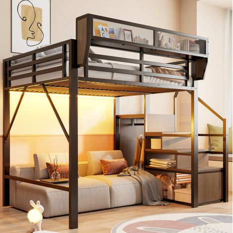 Letto a soppalco 140x200 con LED, scala e contenitori, nero DESVIAE (1/5)