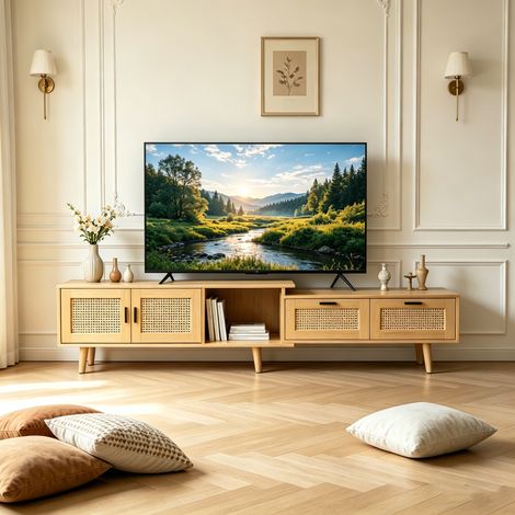 Ausziehbarer TV-Schrank aus Rattan (180 cm), niedriger TV-Schrank mit 2 Türen und 2 Schubladen, TV-Halterung für Fernseher bis zu 75 Zoll, viel Stauraum
