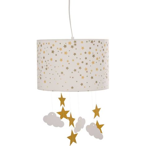 Atmosphera – Suspension luminaire blanche 30 cm avec étoiles dorées – Fer, polyester, papier, cuivre – Douille E27, puissance max 40W – Pour chambre d'enfant (1/7)