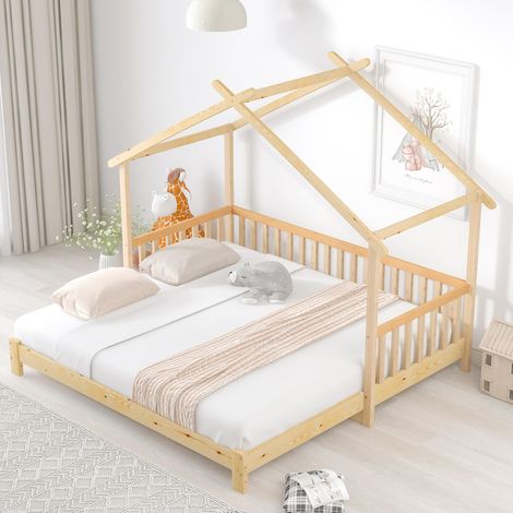 Lit évolutif enfant 90x200 cm, lit maison extensible en 180x200 cm, pin massif, barrières de sécurité, sommier à lattes, sans matelas (1/5)