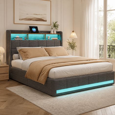 Lit Capitonné 160x200 cm, Lit Coffre avec 4 Tiroirs de Rangement, Tête de Lit LED et USB, Lit double avec Sommier à Lattes,Gris Lin (1/5)