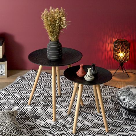 Lot de 2 Tables Gigognes - HOME DECO FACTORY - Ronde - Relief - Noir et Marron (1/5)