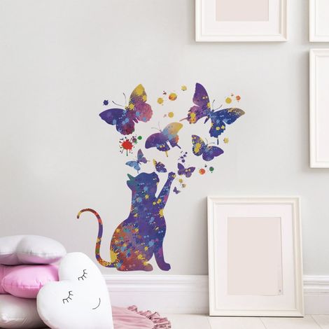 Autocollant Murale - Papillon Violet Chat Étoilé - Décoration Chambre Enfant - PVC - 2 Pièces - 40 x 60 cm (1/5)