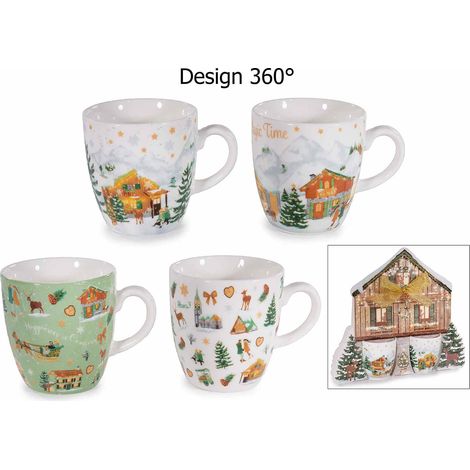 Tazzine da caffè di Natale con fantasia villaggio innevato in confezione regalo da due pezzi sagomata, set da 8 pezzi, Tazzina: Ø 5,5 cm x 6 H