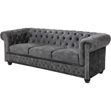 Divano dritto EDGAR – Grigio scuro – 3 posti – Velluto stile barocco