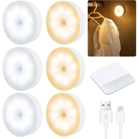 Nachtlicht-Set mit 6 automatischen, per USB aufladbaren LED-Lampen, Bewegungsmelderlampen für den Innenbereich, kabellose LEDs, für Flur, Küche, Treppenhausbeleuchtung, Kinderzimmer (1/3)