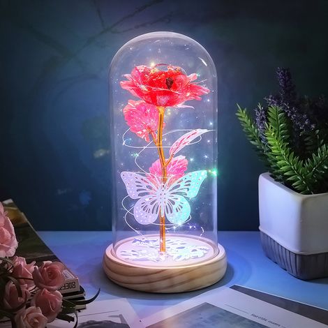Gold-red Preserved Rose with Silver Butterfly Glass Lamp (1/5)