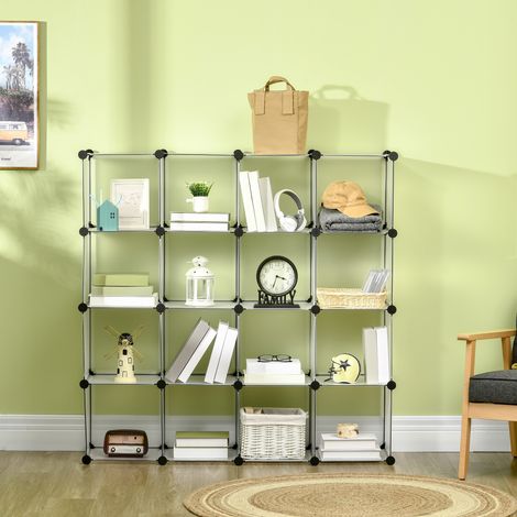 Zapatero modular que ahorra espacio para uso interior, zapatero con 16 cubos de 30x30x30cm en plástico PP y acero, 125x32x125cm, transparente