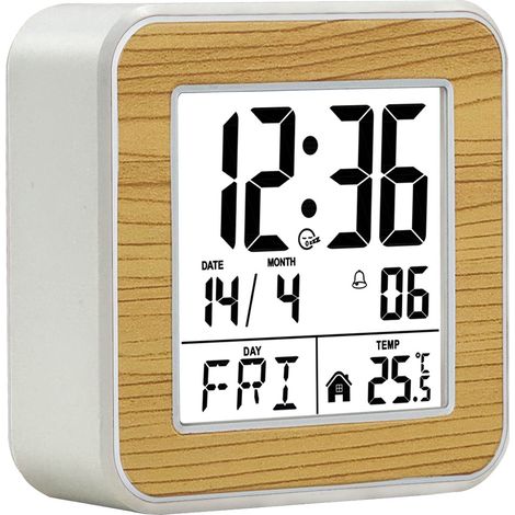 Luminöser Digitalwecker für Kinder und Studenten, Großes LED-Retrodisplay, Temperaturanzeige, Ewiger Kalender, Snooze-Funktion, Manuelle Zeiteinstellung, Weiß Braun (1/5)