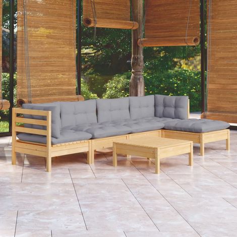 Salon de jardin 6 pcs Ensemble Table et Chaise de Jardin - avec coussins gris Bois de pin BV792399 - BonneVie (1/5)