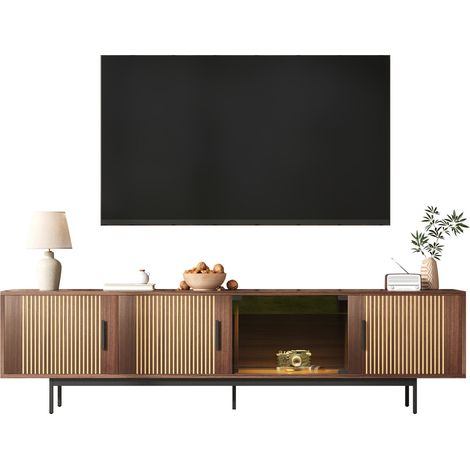 Meuble TV de Salon avec LED Bluetooth et Porte en Verre Trempé Noyer et Noir 200 x 35 x 53 cm -PANGIVO (1/5)