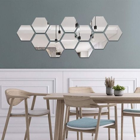 12 Pièces Miroir Acrylique Adhésif Autocollant Mural Miroirs Muraux Stickers Salon Chambre Décor 17.7 cm x 15.3 cm (Hexagone, Argent)-LIAIKI (1/4)