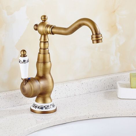 Robinet mitigeur lavabo vintage en laiton – Poignée céramique – Rotation 360° – Finition bronze brossé – Installation facile (1/5)