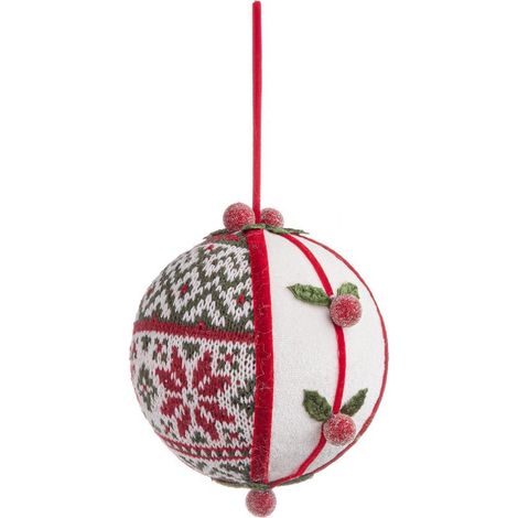 Pallina "Tayla" per albero di natale bianca con dettagli rossi e verdi in polistirolo e poliestere diametro 12 cm x 13 h (1/4)
