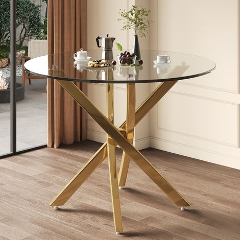 Modernluxe - Table de salle à manger ronde 80 x 80 x 75 cm - Plateau en verre - Pieds plaqués or - Doré + verre (1/5)