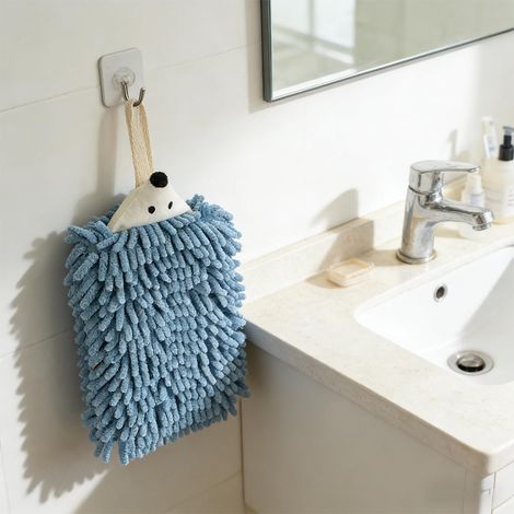 1 lot de serviettes en chenille pour salle de bain, cuisine, chambre à coucher  Motif hérisson fantaisiste avec boucle de suspension à bouton (bleu) (1/5)