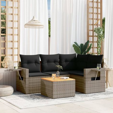 Ensemble de Jardin 5 Pièces Salon Résine Tressée Gris Canapés + Table Acacia Coussins Housses Lavables Modulable (1/5)