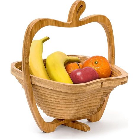 Frutero Apple H x W x D: 30 x 27 x 14 cm, cesta de frutas de bambú, posavasos, tabla de cortar de madera, marrón (1/5)