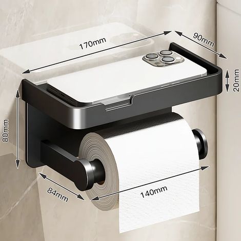 (Style B court noir) Porte-papier toilette mural en alliage d'aluminium avec support pour téléphone et étagère pour rouleau de papier toilette, accessoires de salle de bain. (1/5)