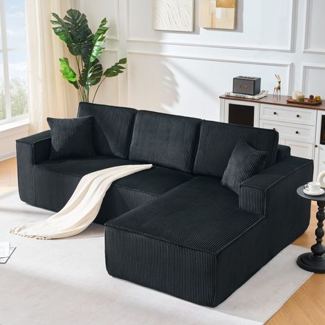 Modulares L-förmiges Ecksofa – 235 x 128 x 60 cm – 3-Sitzer-Sitzgruppe mit Chaiselongue und hochdichtem Schaumstoff – aus schwarzem Rippvelours
