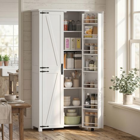 Buffet haut cuisine. armoire cuisine. 2 portes avec roulette. 6 compartiments. 14 porte-racks. étagères réglables. blanc