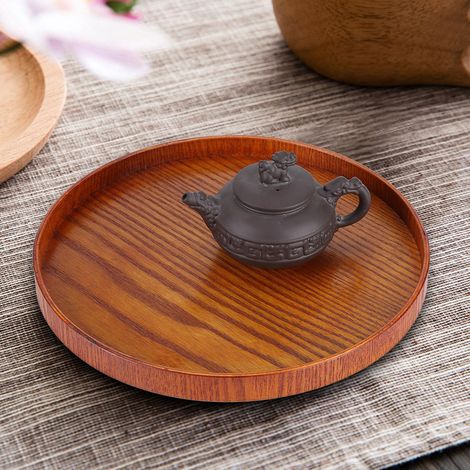 Plateau de service rond en bois naturel, assiette en bois pour thé, nourriture, eau et boissons, 33 cm (1/5)