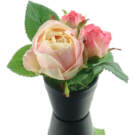 GASPER Rosen Rosa im schwarzen Mini-Topf 14 cm hoch - Kunstpflanzen