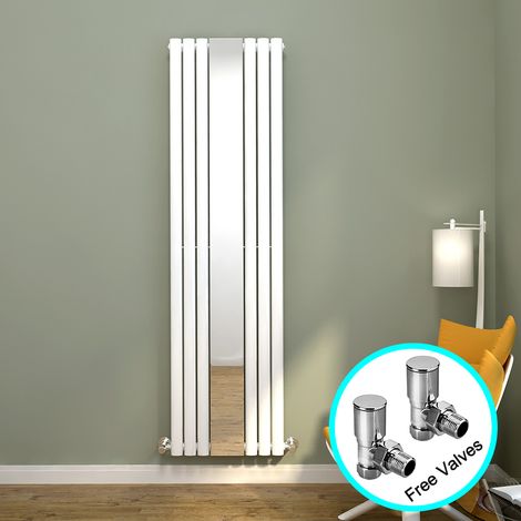 ELEGANT Vertical Designer Radiator with Mirror Oval Single Radiator 1800x499mm White Central Heating + Chrome Angled Radiator Valve (1/5)